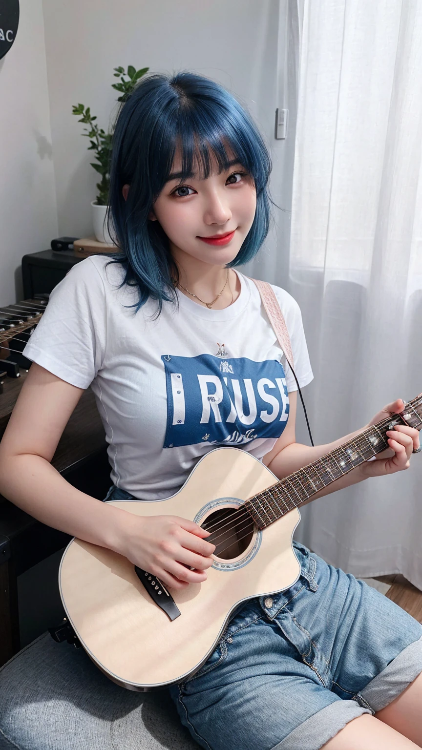 ((best quality)), photorealistic, photorealism, Photorealistic, high resolution, ((Wearing t shirt, short pants))、smile、A superb beauty、Super cute、ennui、Rare beauty、Very Short hair、Black Dark Eyeshadow、Sad、white skin、pale skin, Very short hair layered、Cute Makeup、Cute Smile、Fragrant beauty、Music studio background、Mastepiece、Best Quality、Refers to 5 books、Sweat glistening on my chest、Sweat glistening on my face、Medium breasts、Blue hair、Age 20 years old、Mysterious look、A sad expression、Blue Hair、Glamorous music studio、Sweating profusely all over the body、Plenty of sweat glistening on the thighs、A large amount of sweat glistens on my thighs、Sweating profusely、Gal、Medium breasts、Beautiful face、Alluring expression、Sitting、Sitting playing guitar、Thick thighs、Playing guitar、I have a guitar、Sing a song enthusiastically、Playing guitar in a band、Rock band、Playing guitar chords、Live House Background、Sing a song、Open your mouth、Live house scenery、Glamorous live stage、Dynamic Angle
