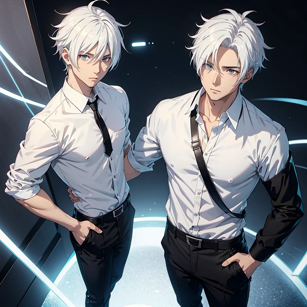 Male anime character with white hair white shirt and black pants