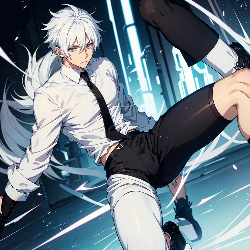 Male anime character with white hair white shirt and black pants