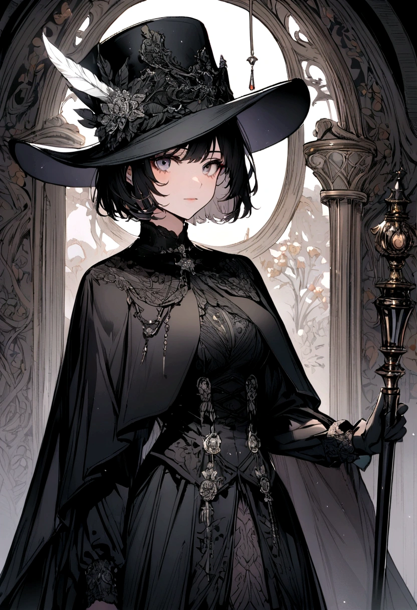 Girl,short hair,black cavalier hat with a white feather,black capelet,holding a cane