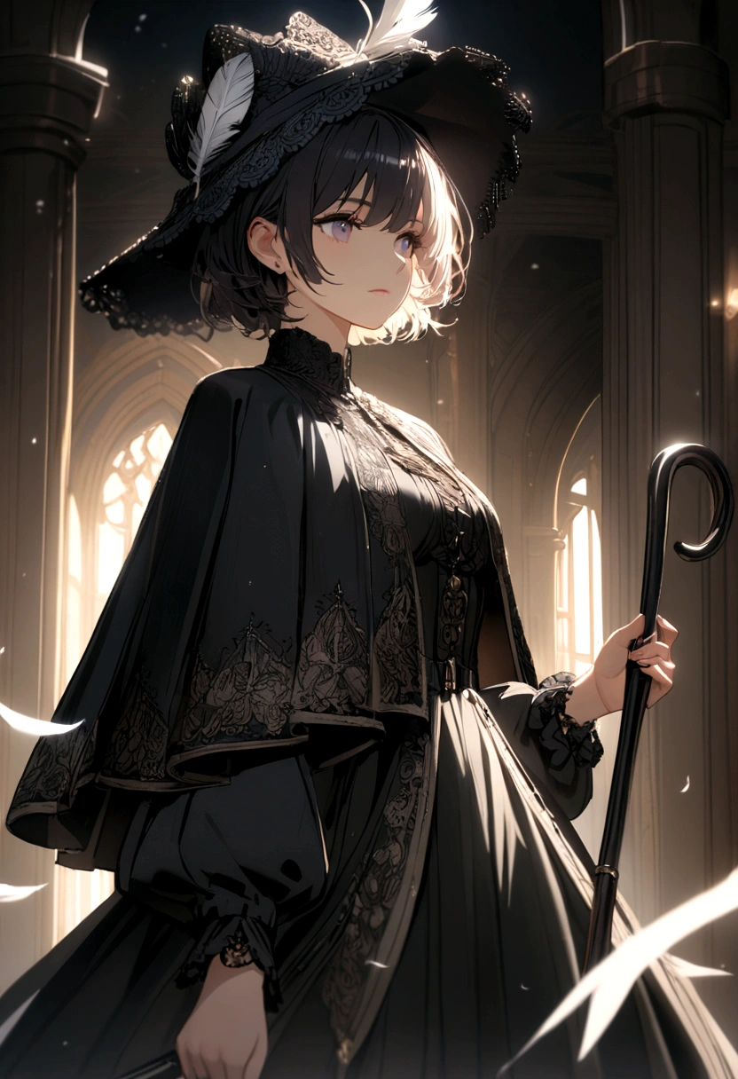 Girl,short hair,black cavalier hat with a white feather,black capelet,holding a cane