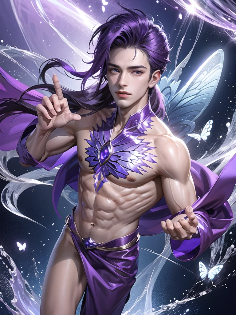 boy,1 person,Handsome and beautiful face,purple eyes,purple hair,shiny surface,thin muscular body,Wearing a purple ancient outfit,Butterfly hair accessory, backdrop,floating on water,There are trees and butterflies all around.,Holding a sparkling purple lotus in his hand,There was a purple magic ring around him.