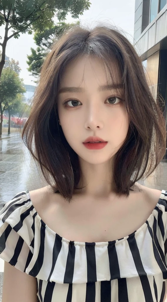 ((Highest quality, 8K, masterpiece: 1.3)), concentrated: 1.2, Perfect Body Beauty: 1.4, Hips: 1.2, ((Layered Haircut, Flat Chest: 1.2)), (rain, street:1.3), Bandeau dress: 1.1, Highly detailed face and skin texture, Beautiful Eyes, double eyelid, White skin, Long Hair, (shut up: 1.3), whole body
