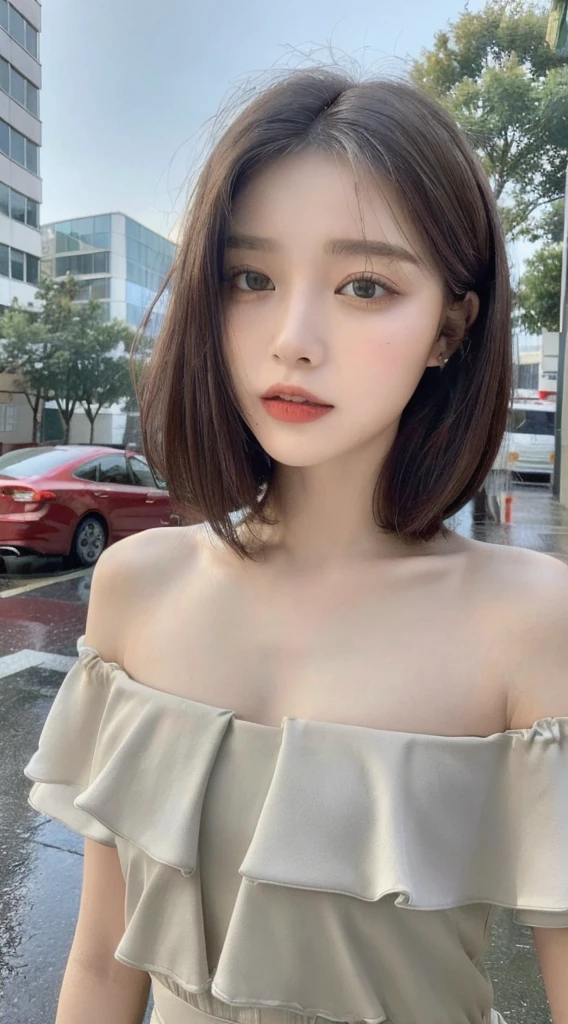 ((Highest quality, 8K, masterpiece: 1.3)), concentrated: 1.2, Perfect Body Beauty: 1.4, Hips: 1.2, ((Layered Haircut, Flat Chest: 1.2)), (rain, street:1.3), Bandeau dress: 1.1, Highly detailed face and skin texture, Beautiful Eyes, double eyelid, White skin, Long Hair, (shut up: 1.3), whole body