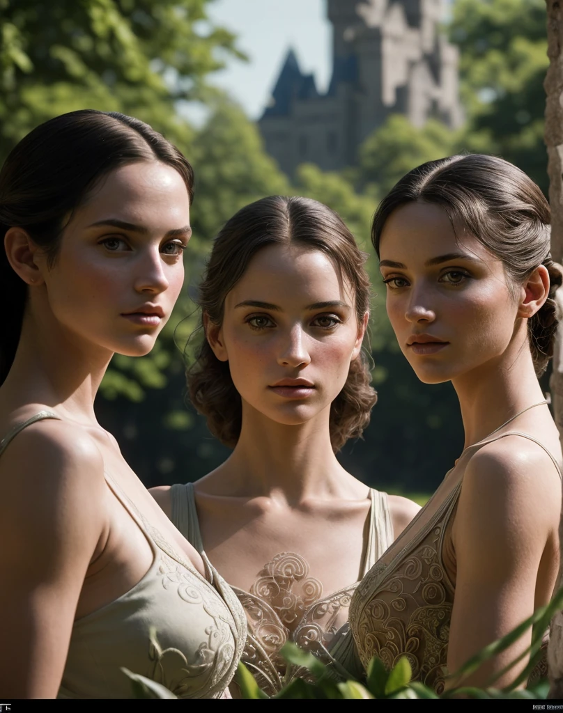 (masterpiece), (extremely intricate:1.3),, (realistic), portrait of a three women the most beautiful in the world, ), reflections, upper body, outdoors, intense sunlight, far away castle, professional photograph of a stunning three woman detailed, sharp focus, dramatic, award winning, cinematic lighting, octane render, unreal engine, volumetrics dtx, (film grain, bokeh, blurry foreground, blurry background), 