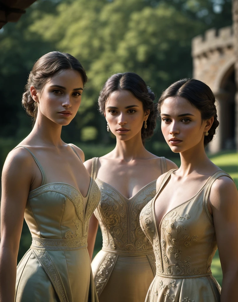 (masterpiece), (extremely intricate:1.3),, (realistic), portrait of a three women the most beautiful in the world, ), reflections, upper body, outdoors, intense sunlight, far away castle, professional photograph of a stunning three woman detailed, sharp focus, dramatic, award winning, cinematic lighting, octane render, unreal engine, volumetrics dtx, (film grain, bokeh, blurry foreground, blurry background),