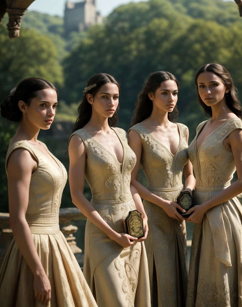 (masterpiece), (extremely intricate:1.3),, (realistic), portrait of a three women the most beautiful in the world, ), reflections, upper body, outdoors, intense sunlight, far away castle, professional photograph of a stunning three woman detailed, sharp focus, dramatic, award winning, cinematic lighting, octane render, unreal engine, volumetrics dtx, (film grain, bokeh, blurry foreground, blurry background),