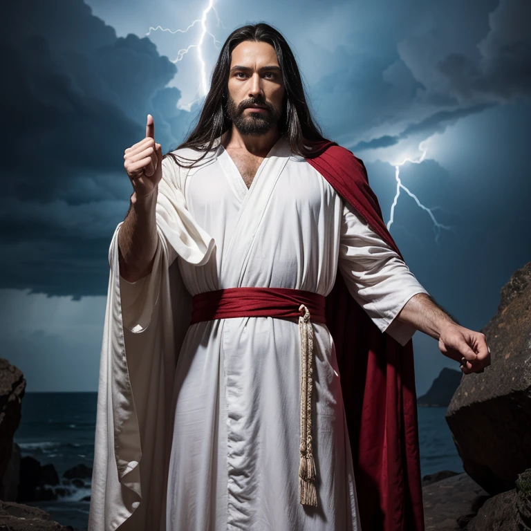 a detailed, full-frame shot captures jesus christ, clad in a white robe and red sash, pointing his finger at the viewer. his long black hair is parted down the middle, and he wears a dark beard and mustache. his eyes are wide open, and his face is adorned with a stern expression. his right hand is extended towards the viewer, while his left hand is clenched into a fist. the background features a dramatic sky filled with lightning bolts, adding depth to the composition.