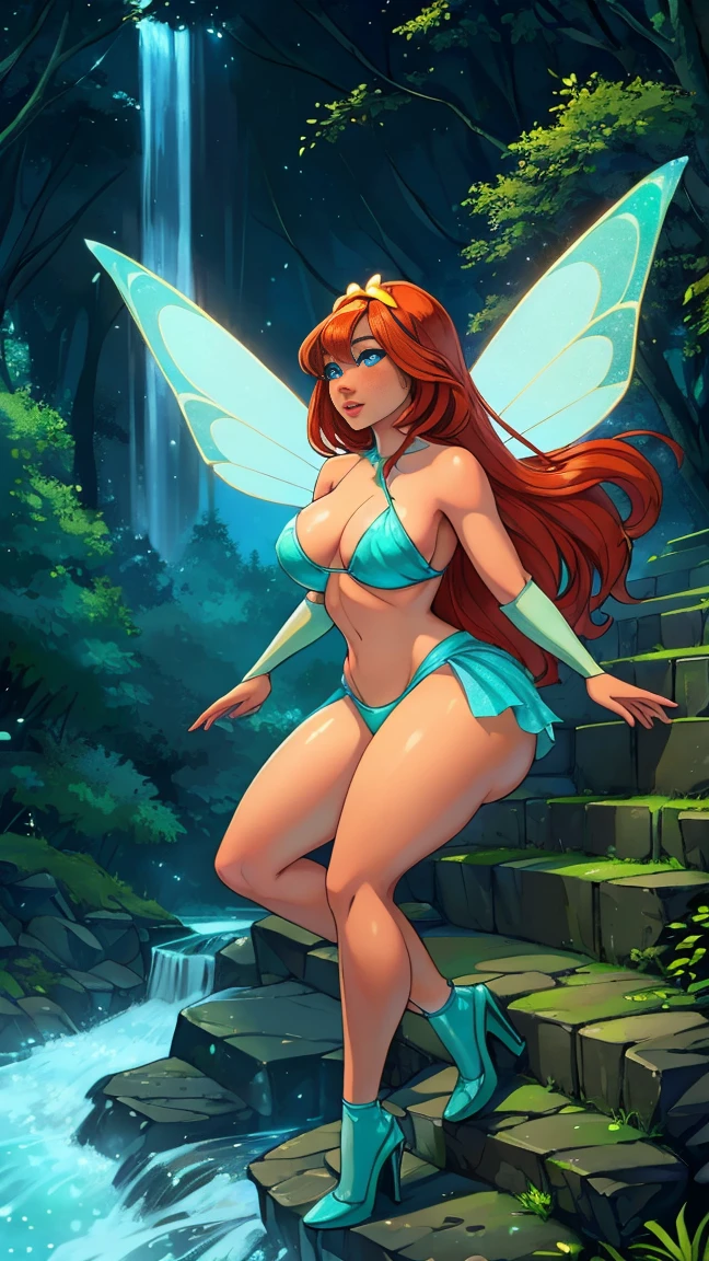 (girl,fullbody,thick thighs),(pevetido intentions),(fairy,bikini),(high heels),(fairy wings),(magical forest),(night),(magic in the air), night magical forest, magical energy in the air, waterfall, river, Stone staircase.