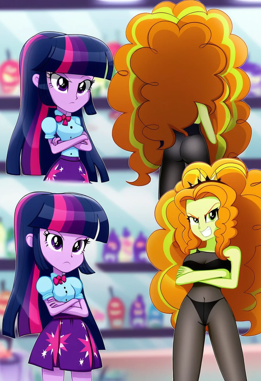 Eqg Twilight sparkle bodystocking adagio . Angry adagio is standing in the store and Twilight Sparkle is touching her butt