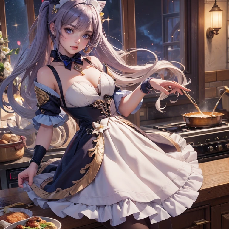 1girl, white roses, ornament hair, white roses on her hair, perfectly body, perfectly hands, lilac hair, long hair, wave hair, long hair, ornament hair, long hair, Looking at the viewer, flowing hair, Beautiful Eyes, Plump and glossy lips, maid, maid dress, maid headdress, maid apron, white dress with too many frills, white dress, blue laces, white Short skirt, Drape clothes, lilac gem, Lace trim, kitchen, luxury details, gold jewelry, more details, best quality, Big sparkling eyes, blushing, lilac Striped Lace Stockings, lilac ta skirt, sparkle, solo, centered girl, cowboy shot, perfectly body, perfectly hands, two arms, two legs, two hands, five fingers, perfect anatomy, glowing hair, white roses, maid, maid dress, dress, solo, flowing hair, floating hair, ornament hair, perfectly body, perfectly hands, on the kitchen, sparkles, more details on her clothes, white dress with transparency, golden details on her dress, night, tray with juice, ((4k, masterpiece, top-quality)), 8k, best quality, high resolution, UHD, (illustration:0.8), super cute girl, delicate and beautiful face, mature girl, super cute hairstyle, (beautiful detailed eyes:1.6), extremely detailed face, perfect lighting, extremely detailed CG, (perfect hands, perfect anatomy), Best quality, cleavage, small skirt, full Body, two arms, two legs, two hands, five fingers