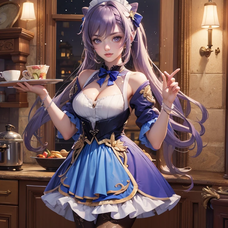 1girl, white roses, ornament hair, white roses on her hair, perfectly body, perfectly hands, lilac hair, long hair, wave hair, long hair, ornament hair, long hair, Looking at the viewer, flowing hair, Beautiful Eyes, Plump and glossy lips, maid, maid dress, maid headdress, maid apron, white dress with too many frills, white dress, blue laces, white Short skirt, Drape clothes, lilac gem, Lace trim, kitchen, luxury details, gold jewelry, more details, best quality, Big sparkling eyes, blushing, lilac Striped Lace Stockings, lilac Lolita skirt, sparkle, solo, centered girl, cowboy shot, perfectly body, perfectly hands, two arms, two legs, two hands, five fingers, perfect anatomy, glowing hair, white roses, maid, maid dress, dress, solo, flowing hair, floating hair, ornament hair, perfectly body, perfectly hands, on the kitchen, sparkles, more details on her clothes, white dress with transparency, golden details on her dress, night, tray with juice, ((4k, masterpiece, top-quality)), 8k, best quality, high resolution, UHD, (illustration:0.8), super cute girl, delicate and beautiful face, mature girl, super cute hairstyle, (beautiful detailed eyes:1.6), extremely detailed face, perfect lighting, extremely detailed CG, (perfect hands, perfect anatomy), Best quality, cleavage, small skirt, full Body, two arms, two legs, two hands, five fingers