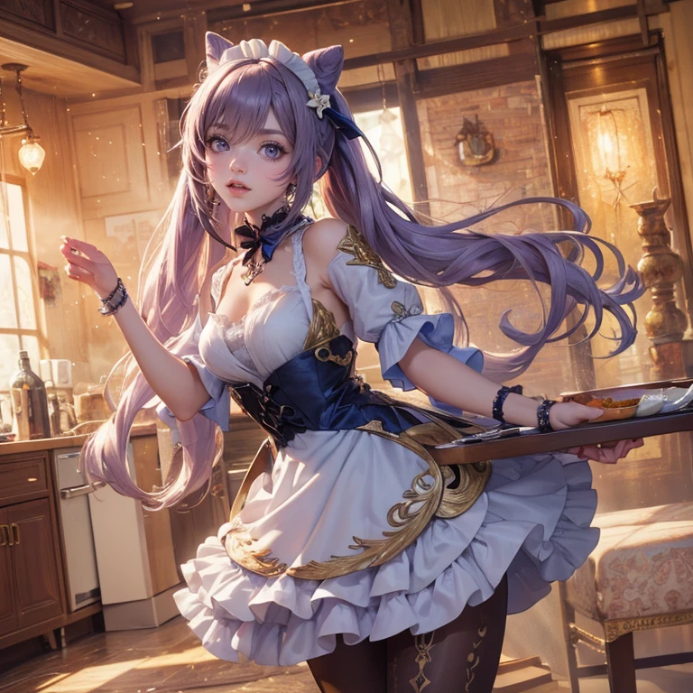 1girl, white roses, ornament hair, white roses on her hair, perfectly body, perfectly hands, lilac hair, long hair, wave hair, long hair, ornament hair, long hair, Looking at the viewer, flowing hair, Beautiful Eyes, Plump and glossy lips, maid, maid dress, maid headdress, maid apron, white dress with too many frills, white dress, blue laces, white Short skirt, Drape clothes, lilac gem, Lace trim, kitchen, luxury details, gold jewelry, more details, best quality, Big sparkling eyes, blushing, lilac Striped Lace Stockings, lilac Lolita skirt, sparkle, solo, centered girl, cowboy shot, perfectly body, perfectly hands, two arms, two legs, two hands, five fingers, perfect anatomy, glowing hair, white roses, maid, maid dress, dress, solo, flowing hair, floating hair, ornament hair, perfectly body, perfectly hands, on the kitchen, sparkles, more details on her clothes, white dress with transparency, golden details on her dress, night, tray with juice, ((4k, masterpiece, top-quality)), 8k, best quality, high resolution, UHD, (illustration:0.8), super cute girl, delicate and beautiful face, mature girl, super cute hairstyle, (beautiful detailed eyes:1.6), extremely detailed face, perfect lighting, extremely detailed CG, (perfect hands, perfect anatomy), Best quality, cleavage, small skirt, full Body, two arms, two legs, two hands, five fingers