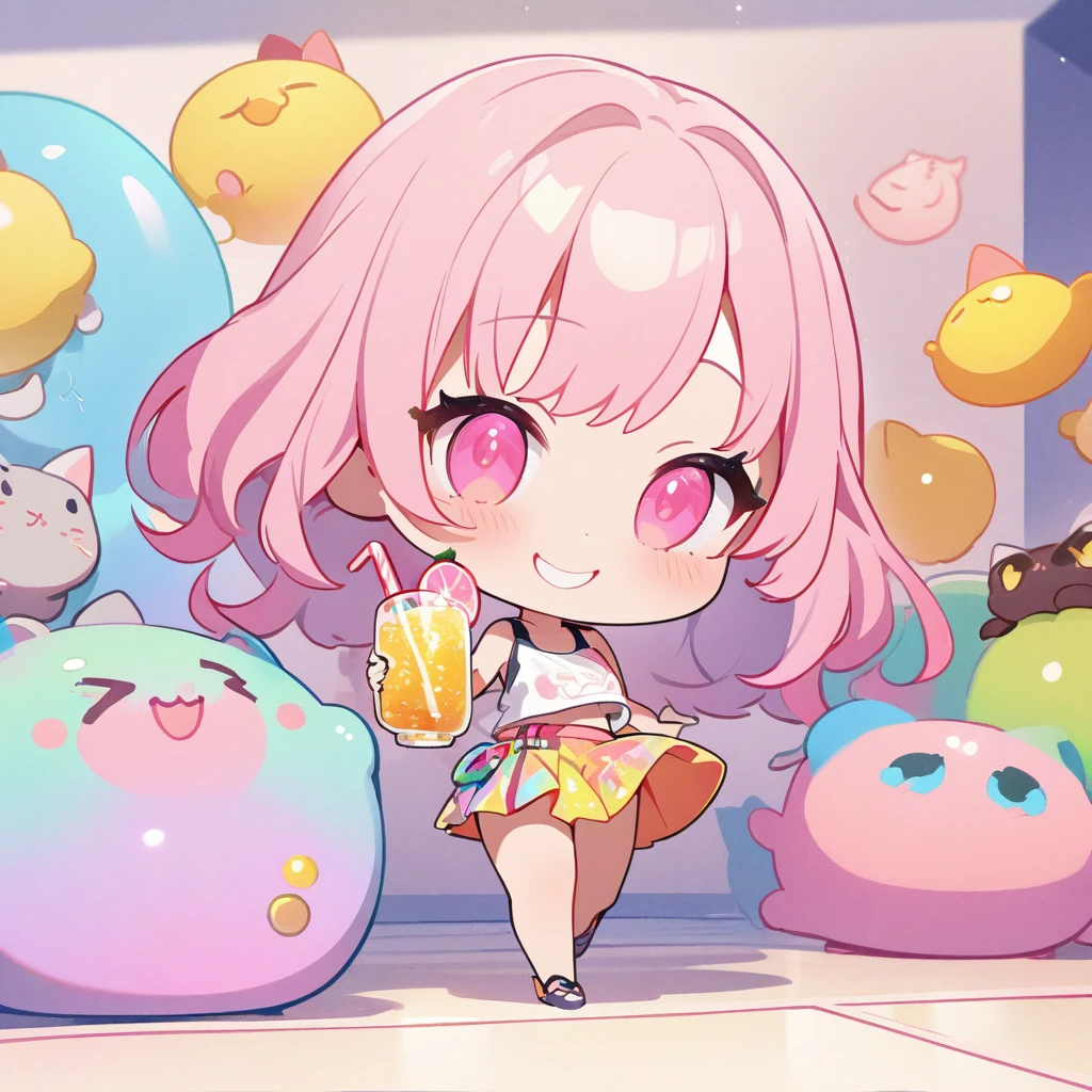 masterpiece、Highest quality、Depth of subject、2D illustration、1 beautiful girl、独奏, (((chibi style)))、Long, beautiful hair、Shiny pink hair、cute、Beautifully detailed eyes、((Tank top))、a glass of lemon soda, ((colorful))、mini skirt、((happy smile))、((kitten cluster)), ((full body shot))、((in the room))、((There's a lot of pink around))、Thighs、((vivid color))、sparkle、((Lens flare))、