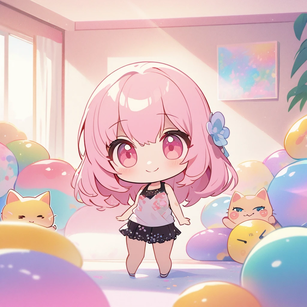 masterpiece、Highest quality、Depth of subject、2D illustration、1 beautiful girl、独奏, (((chibi style)))、((Long, beautiful hair))、Shiny pink hair、cute、Beautifully detailed eyes、((Tank top))、a glass of blue soda, ((colorful))、mini skirt、((happy smile))、((kitten cluster)), ((full body shot))、((in the room))、((There's a lot of pink around))、((vivid color))、sparkle、((Lens flare))、