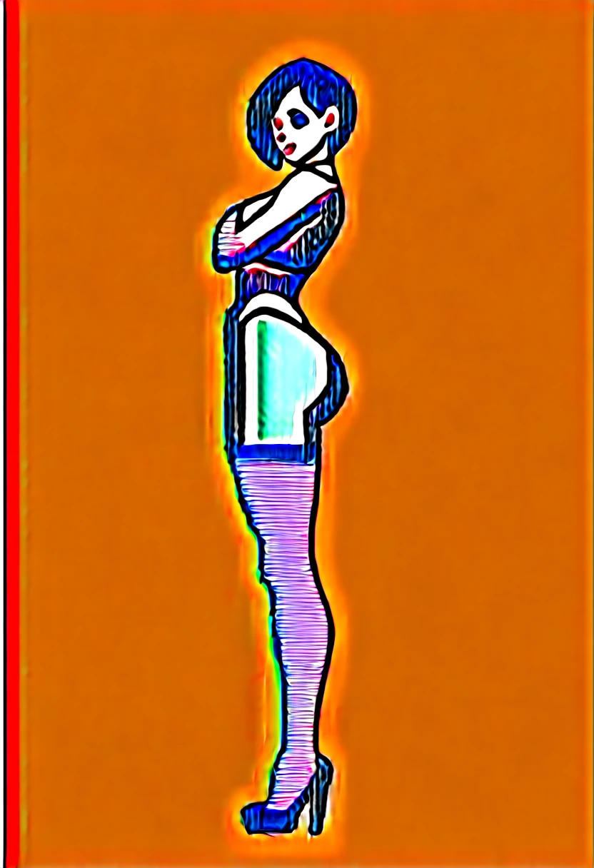 Create an nfsw image of a 35-year-old woman with super realistic anatomy, small waist, big hips, sensual legs, sensual feet, with a body wet with sweat, short black hair, wearing a black thong. lace, fishnet stockings with black light blue heels, a small choker, showing her big ass