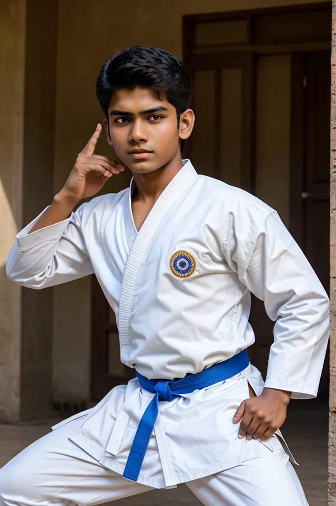 A 18 year Indian boy wearing karate uniform 