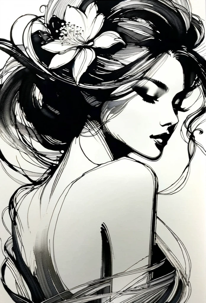 Elegant maiden,black and whiteink画,pen sketch drawing,Loose brushstrokes,Pen outlines delicate lines,flowing action,Subtle ink tones,elegant posture,A peaceful expression,Delicate facial features,ink,Smudge,black and white,clean