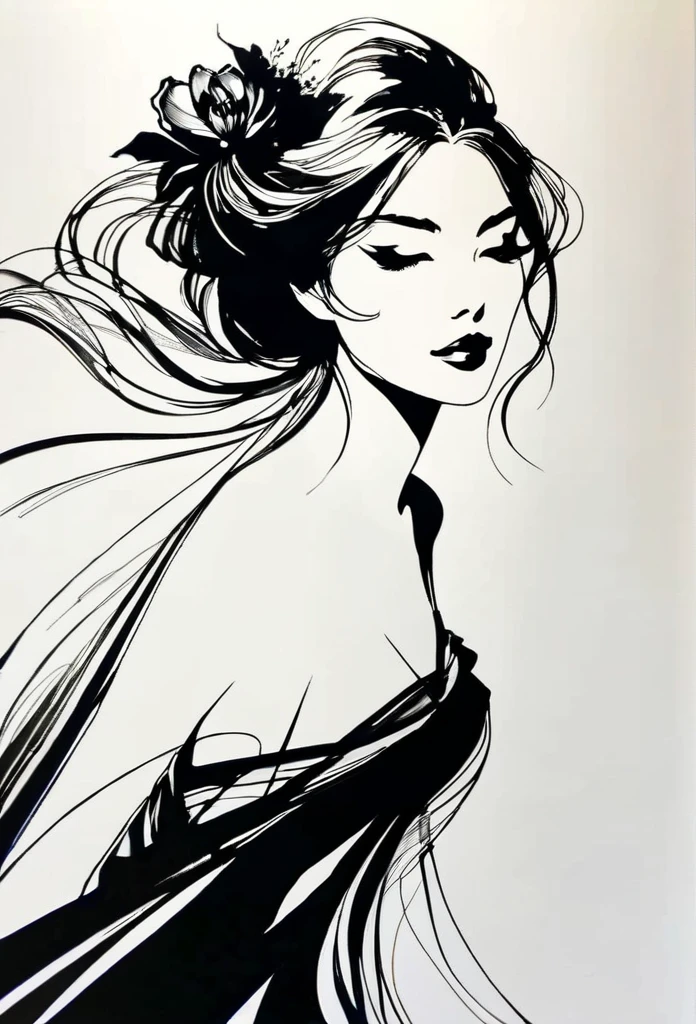 Elegant maiden,black and whiteink画,pen sketch drawing,Loose brushstrokes,Pen outlines delicate lines,flowing action,Subtle ink tones,elegant posture,A peaceful expression,Delicate facial features,ink,Smudge,black and white,clean