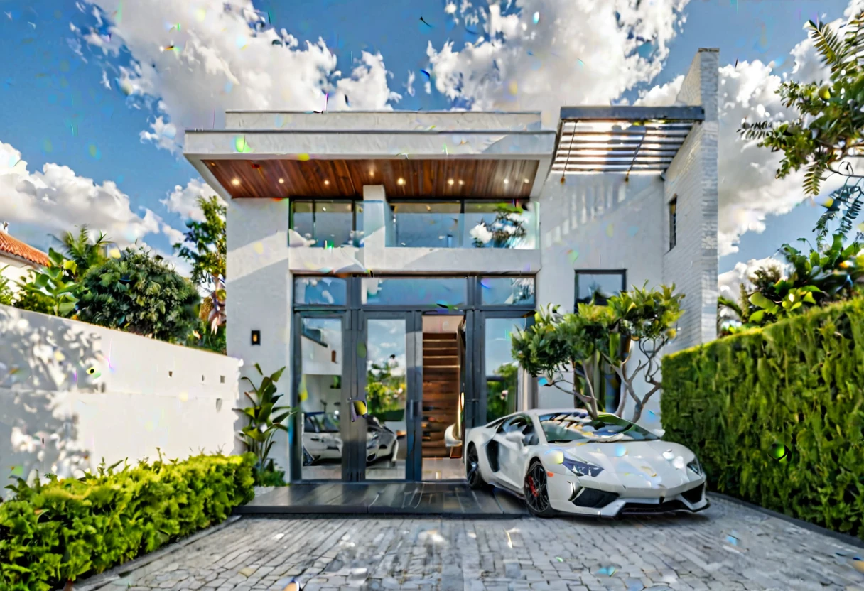 Masterpiece, high quality, best quality, authentic, super detail, outdoors, onestoreyvillaXL, aiaigroup, house style modern on the street ,stairs, white wall ,road,pavement, grass, trees, sky, cloud, (daylight:1.1), car in front of house
