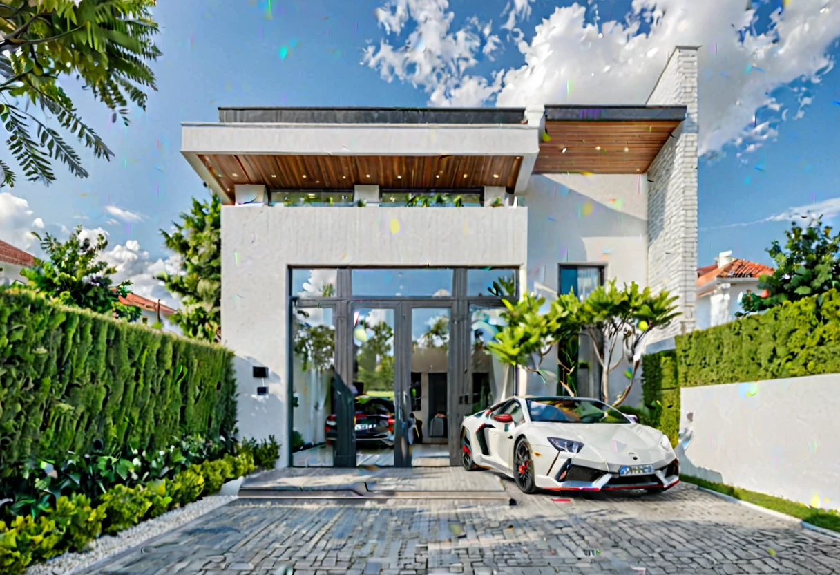 Masterpiece, high quality, best quality, authentic, super detail, outdoors, onestoreyvillaXL, aiaigroup, house style modern on the street ,stairs, white wall ,road,pavement, grass, trees, sky, cloud, (daylight:1.1), car in front of house

