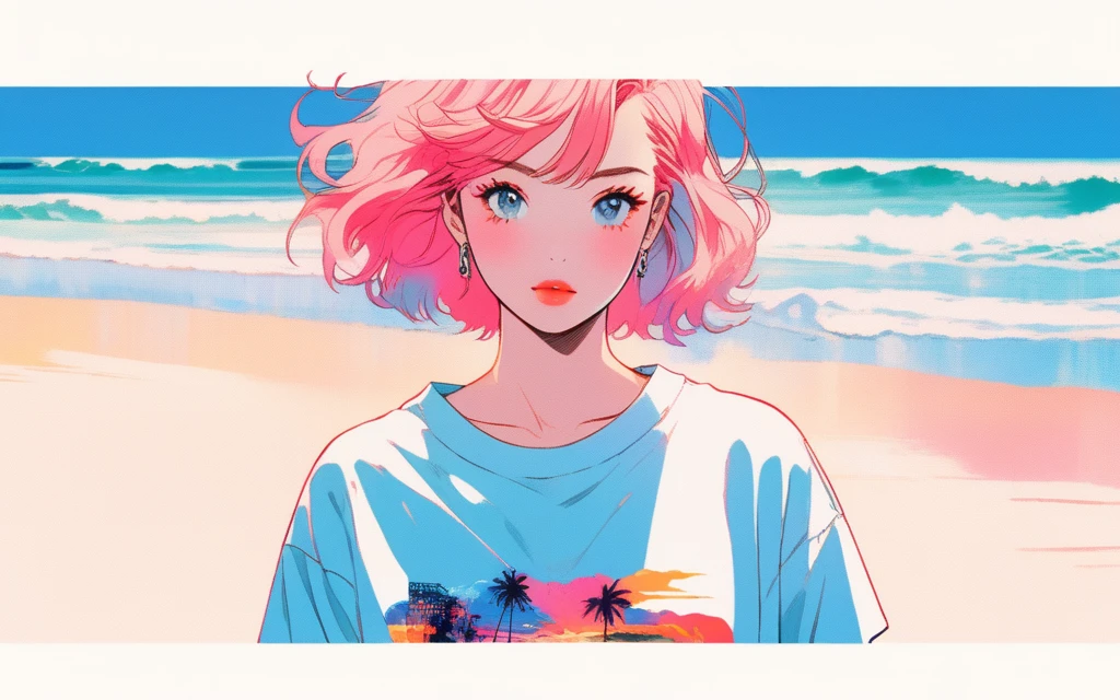 Illustrator, Japan cartoon movies , Realistic ,sketch , lip, Check shirt over a T-shirt, Wavy short hair, Neon Hair, cool summer beach background, (masterpiece,Highest quality)