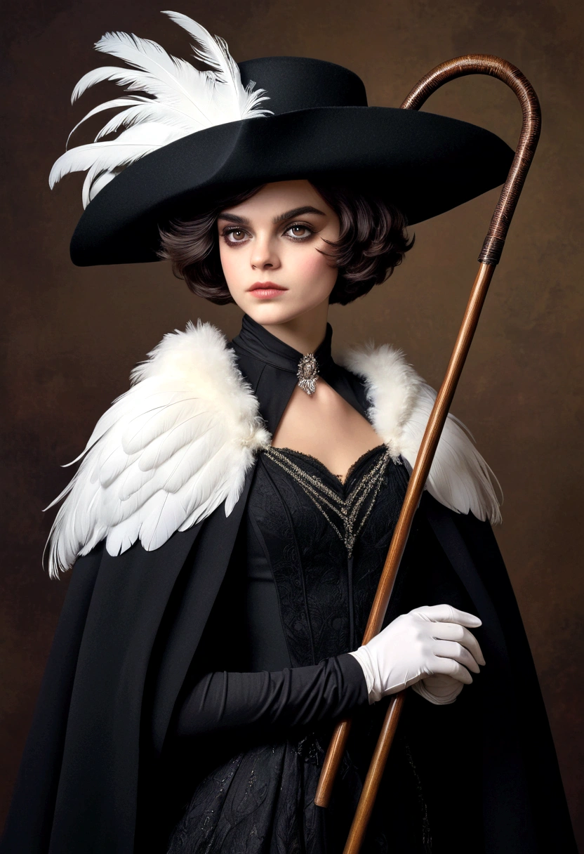 Girl,short hair,black cavalier hat with a white feather,black capelet,holding a cane