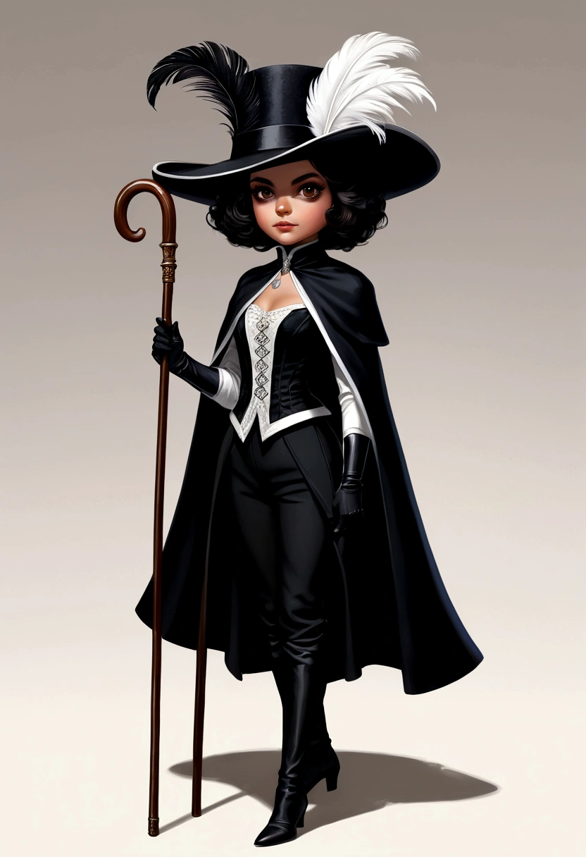 Girl,short hair,black cavalier hat with a white feather,black capelet,holding a cane