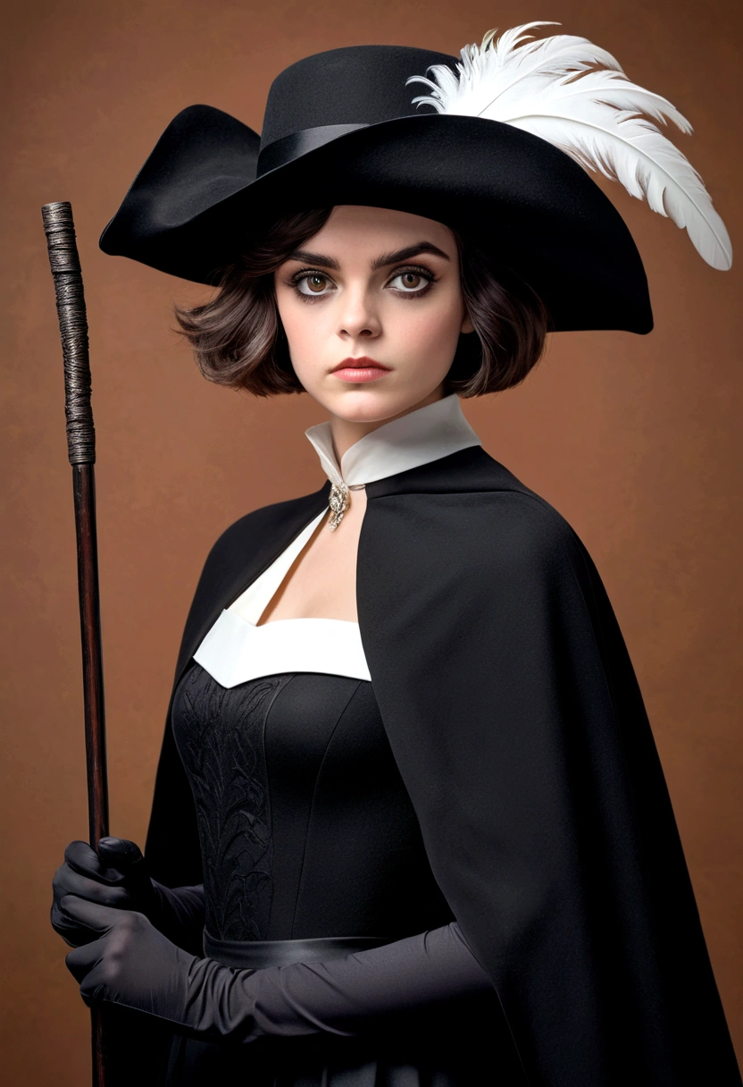 Girl,short hair,black cavalier hat with a white feather,black capelet,holding a cane