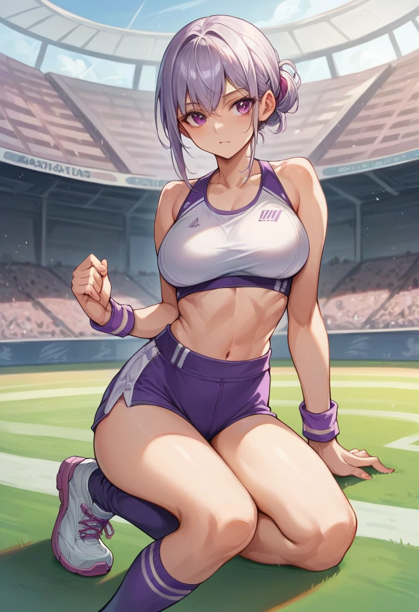 Japanese beauty Nogizaka46 smiles as she challenges the long jump at a stadium wearing a purple, pink and silver athletics sports bra top, a high-cut sports bikini with a high waist, purple knee-high socks and wristbands.