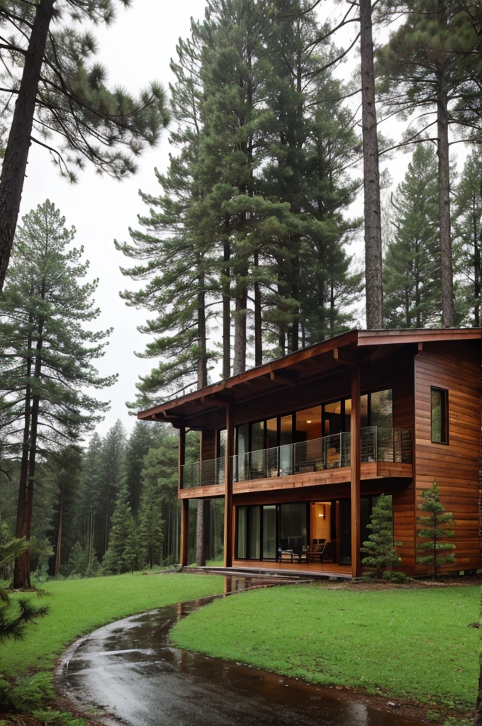 A home in a pine forest rainy day