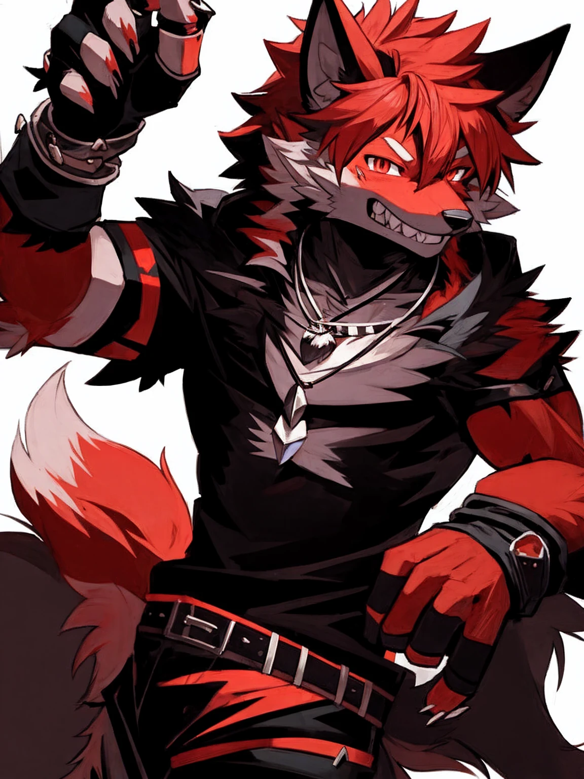 demon,Wolf Tribe,juvenile,Red fur,demon角,Silver necklace,Fingerless gloves