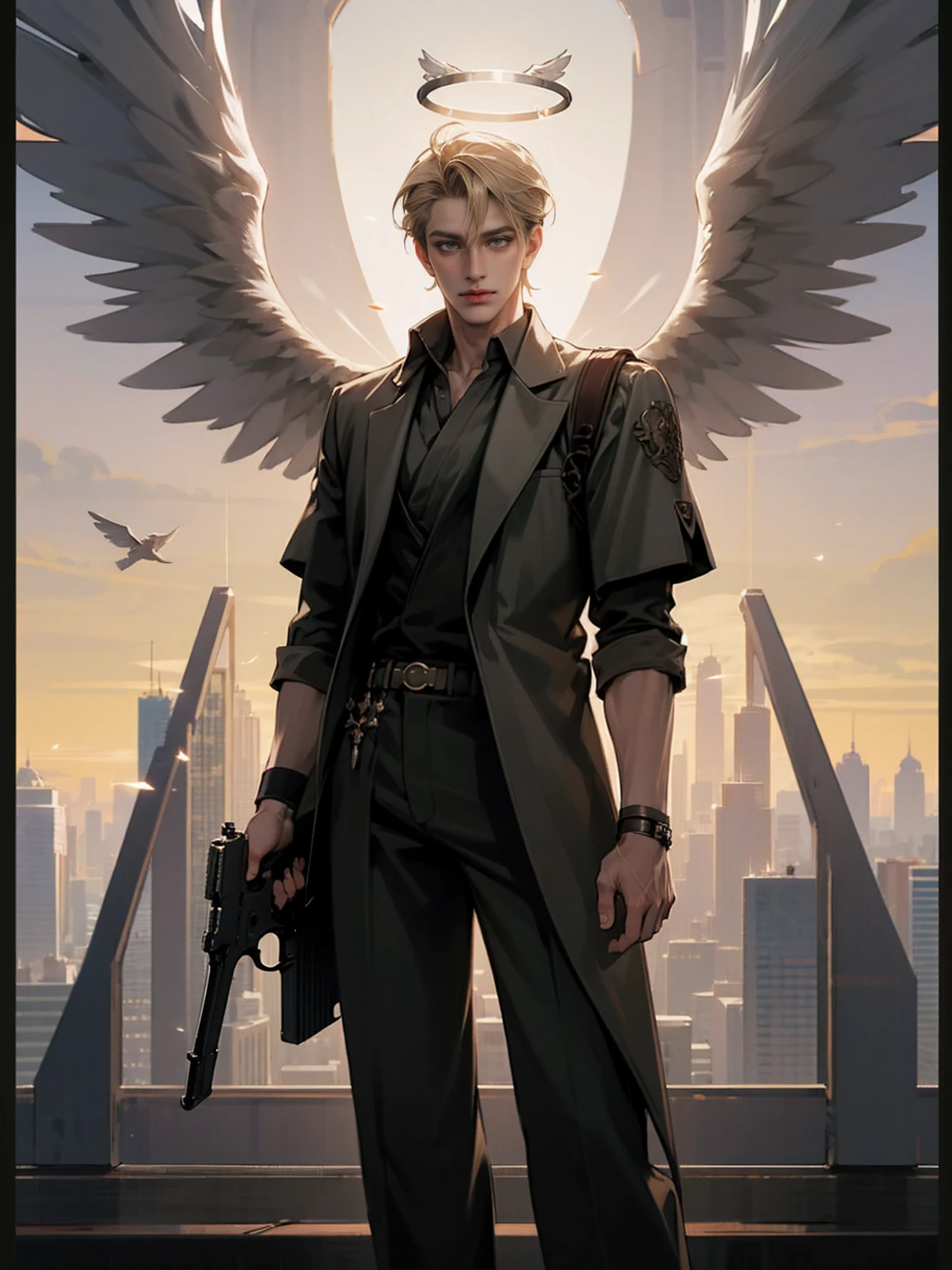 masterpiece, best quality, high quality, CG, 8K, 1 mature male, masterpiece, Halo,Angel Wings,gun,stand,