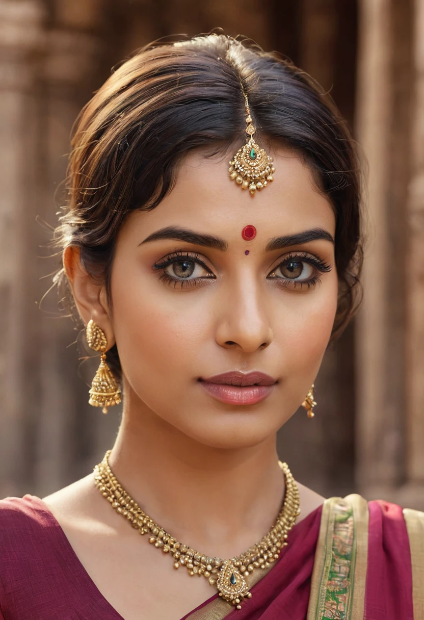 "(best quality,highres), Indian woman at temple, wearing sari, beautiful detailed eyes and lips, short haircut, long eyelashes, realistic rendering, vibrant hues, high resolution, ultra-detailed, realistic rendering, high-resolution masterpiece, ", (woman's appearance is curved and attractive),