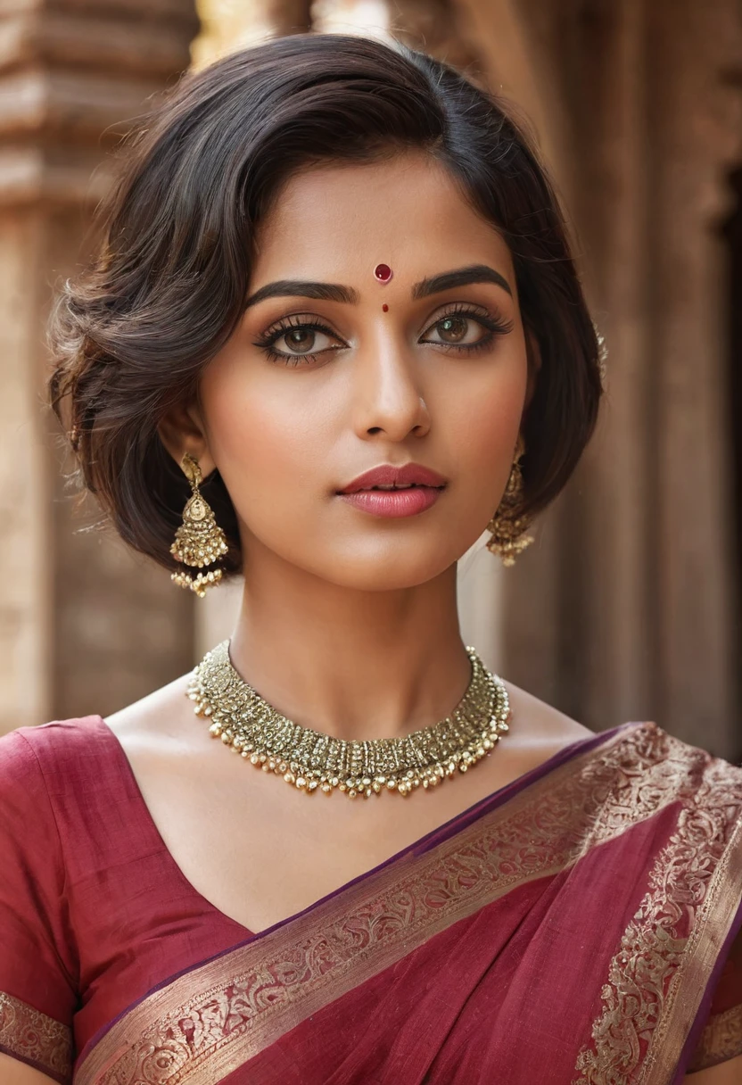 "(best quality,highres), Indian woman at temple, wearing sari, beautiful detailed eyes and lips, short haircut, long eyelashes, realistic rendering, vibrant hues, high resolution, ultra-detailed, realistic rendering, high-resolution masterpiece, ", (woman's appearance is curved and attractive),