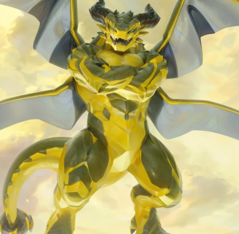 A solo dragon species stands majestically, its yellow skin glistening in the warm light of a mystical realm. The creature's muscular physique is on full display as it crosses its arms, its sharp teeth glinting menacingly. Two impressive horns protrude from its forehead, while two magnificent wings stretch out to either side, their scales shimmering like gold in the fading light. TakahiroSi's style brings this mighty dragon to life.