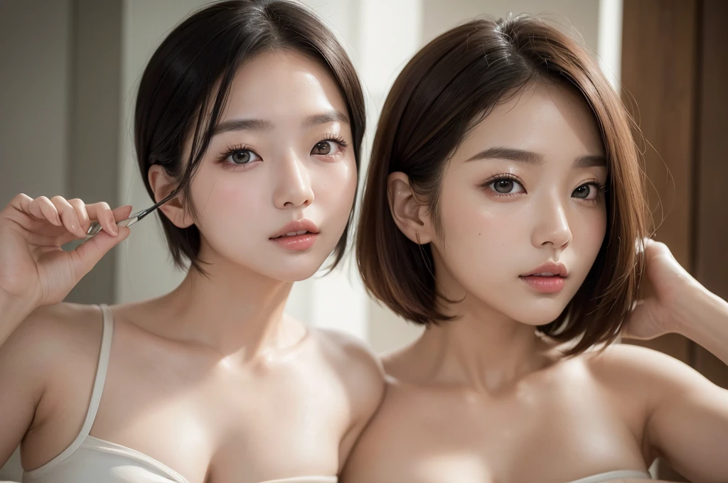 (((masterpiece))),(((High resolution)))、(((perfect face)))、(((Korean beauty))), 30 years old, (((tube top))), (bikini), ((top quality eyes)), ((high resolution face)), detailed face, (detailed texture), big tits, plump, (short hair)