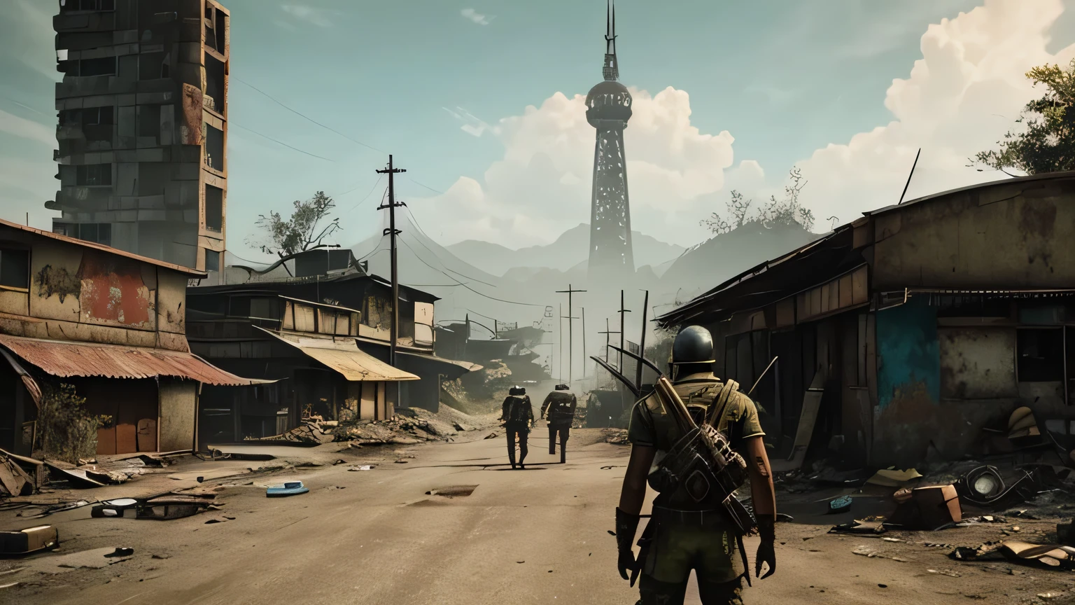 fallout, indonesia theme, post-apocalyptic, monster attacking human, nation, identic, vernacular, , realistic, indonesia, fallout 4 style, fallout amazon prime tv series,, dystopian, city urban,old, vintage,