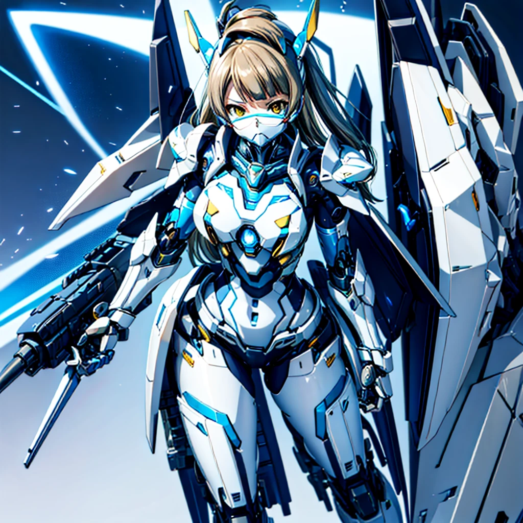 masterpiece, high quality, Cyborgization、Gynoid Cyborg Body、The face is of Minami Kotori.、mechanical parts、Blue and white leotard armor、solo focus、Single image、from front, full body、Mechabare、damage、When it breaks down, precision machinery is exposed from the body.、The armor in the crotch area opens up to reveal the refueling parts.