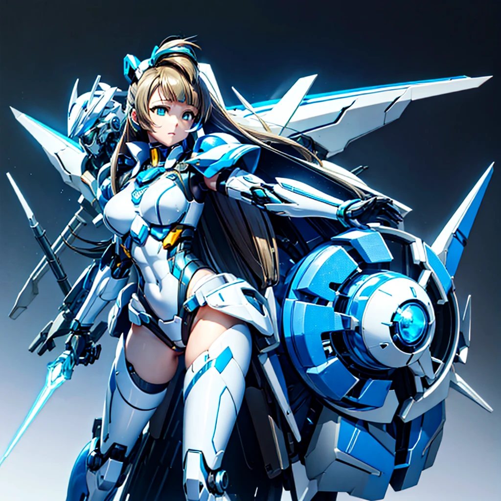 masterpiece, high quality, Cyborgization、Gynoid Cyborg Body、The face is of Minami Kotori.、mechanical parts、Blue and white leotard armor、solo focus、Single image、from front, full body、Mechabare、damage、When it breaks down, precision machinery is exposed from the body.、The armor in the crotch area opens up to reveal the refueling parts.