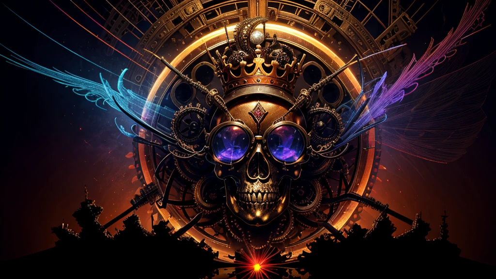(masterpiece, Highest quality :1.3), Super detailed, Complex, 8K, High resolution, wallpaper, Cinema Lighting, (Glowing red, 十字形のshine, Blooming Flowers)), gun, (Firing Position), shine, crown, armor, Glowing red eyes, metal mechanism, Metal Wings, A skull made from a special metal)), Abstract Twisted Sacrifice, altar, A swarm of transparent tentacles on top of a skull, (Dark sunglasses, Highly reflective lens, Rainbow around the skull), The powerful circular composition、It just shows the influence of various structural forces. (Steampunk decorative elements, gear, Other elements). Pointer, Chain decoration combination,