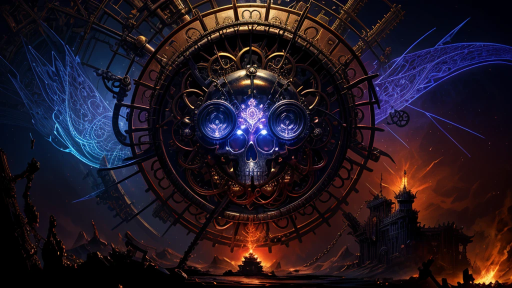 (masterpiece, Highest quality :1.3), Super detailed, Complex, 8K, High resolution, wallpaper, Cinema Lighting, (Glowing red, 十字形のshine, Blooming Flowers)), gun, (Firing Position), shine, crown, armor, Glowing red eyes, metal mechanism, Metal Wings, A skull made from a special metal)), Abstract Twisted Sacrifice, altar, A swarm of transparent tentacles on top of a skull, (Dark sunglasses, Highly reflective lens, Rainbow around the skull), The powerful circular composition、It just shows the influence of various structural forces. (Steampunk decorative elements, gear, Other elements). Pointer, Chain decoration combination,