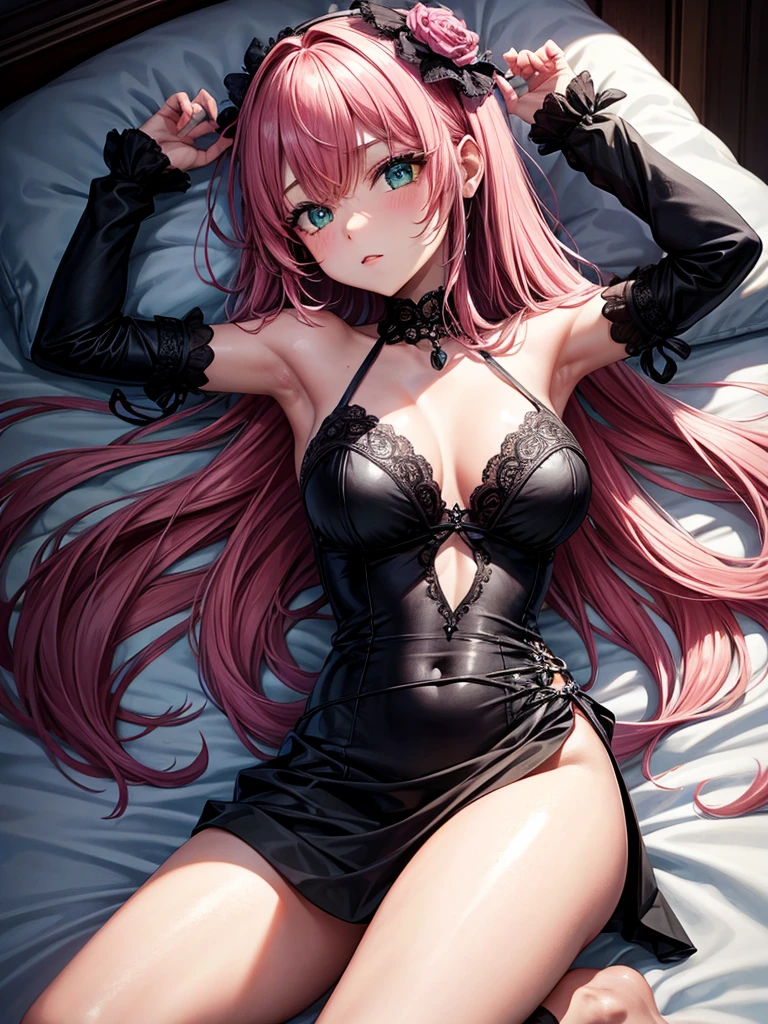 A girl with pink hair, dark skin, green eyes, Lying in her bed, a little upset, with her cell phone turned off, Gothic clothing