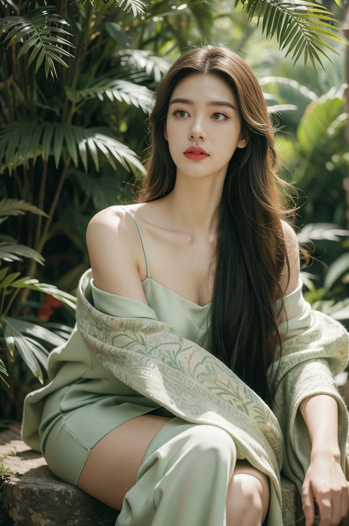 (((best quality))),(((ultra detailed))),(((masterpiece))),illustration,1girl,solo,enchanting beauty, elegance, confidence,shoulder length straight hair,slim,thin,flat chest,small breasts, vibrant red lipstick, sleek forest green dress, above knees, s intricate floral patterns, stylish boots, calf-high, adventure, lush prehistoric forest, Jurassic Park, vibrant pink dinosaur, pastel scales, tall proud, long neck, massive rounded body, majestic presence, powerful legs, gentle intelligent eyes, unforgettable bond, towering ferns, lush undergrowth, captivating backdrop, vines, towering trees, delicate flowers, sweet scent, gentle rustling, soft melodic breeze, mystical, adventure, wonder, extraordinary encounter, timeless journey, etched in time, extraordinary encounters, unknown