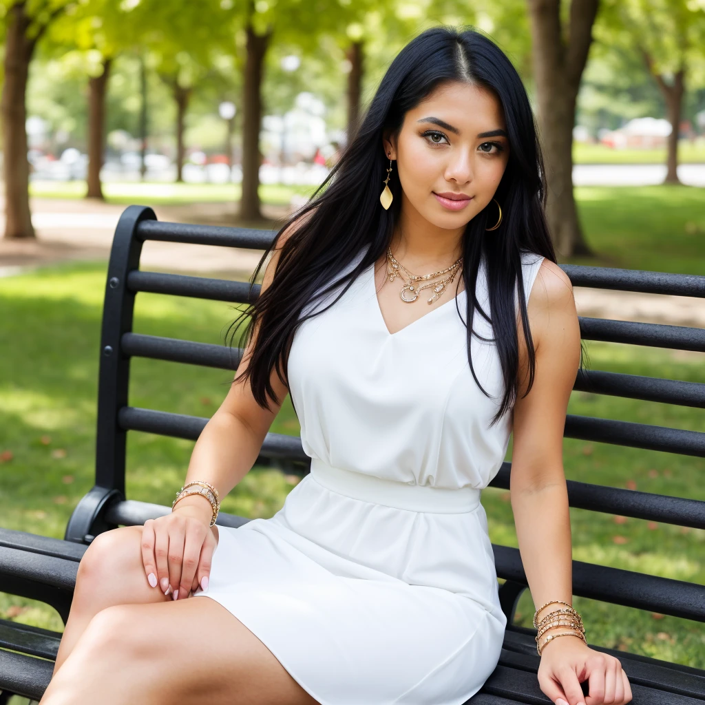 A woman, Natural light, professional, (sitting on a park bench), (4k photo: 1.1) (sharp focus: 1.3), High detail, detailed beautiful face, green eyes, with big breasts and big ass, Long black hair, (attractive young woman:1.3), (seductive:1.1), (blush:1.1), Athletic body shape, A girl, with earrings, bracelets and necklace, with a dog on her lap that matches her beauty,  Wearing a white dress