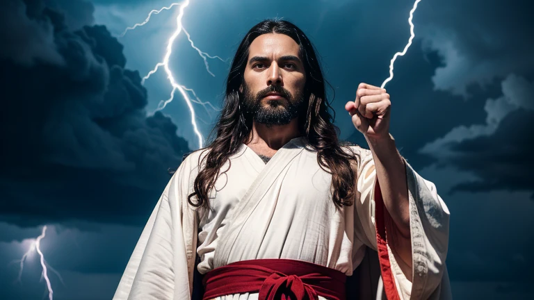 a detailed, full-frame shot captures jesus christ, clad in a white robe and red sash, pointing his finger at the viewer. his long black hair is parted down the middle, and he wears a dark beard and mustache. his eyes are wide open, and his face is adorned with a stern expression. his right hand is extended towards the viewer, while his left hand is clenched into a fist. the background features a dramatic sky filled with lightning bolts, adding depth to the composition.