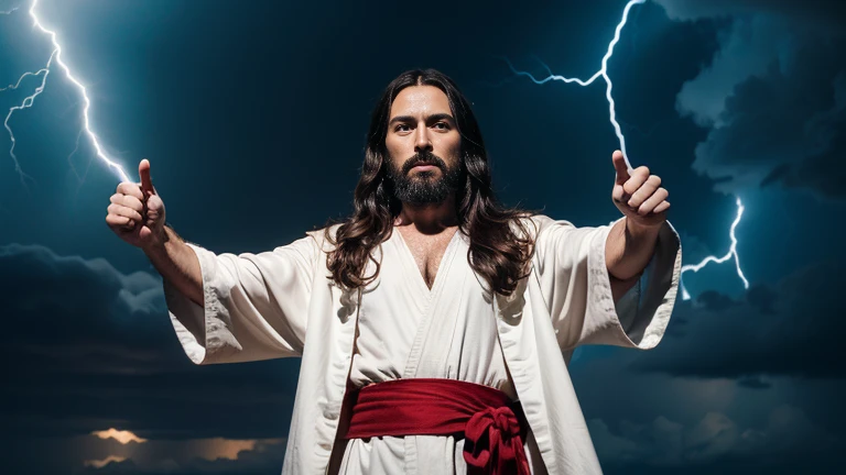 a detailed, full-frame shot captures jesus christ, clad in a white robe and red sash, pointing his finger at the viewer. his long black hair is parted down the middle, and he wears a dark beard and mustache. his eyes are wide open, and his face is adorned with a stern expression. his right hand is extended towards the viewer, while his left hand is clenched into a fist. the background features a dramatic sky filled with lightning bolts, adding depth to the composition.