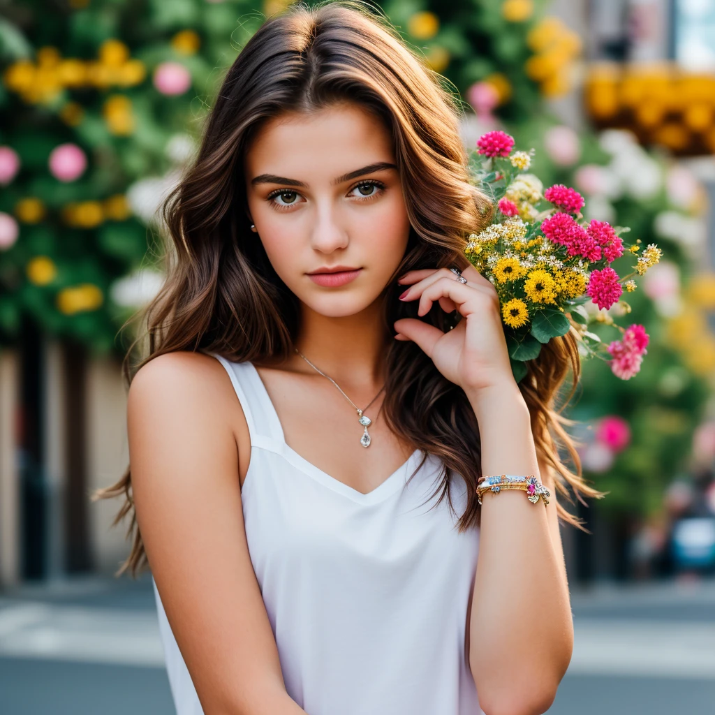 19 year old woman, beautiful, with bracelet on her right wrist, with several flowers on her right hand, cinematographic street background, realistic, high quality, busy,