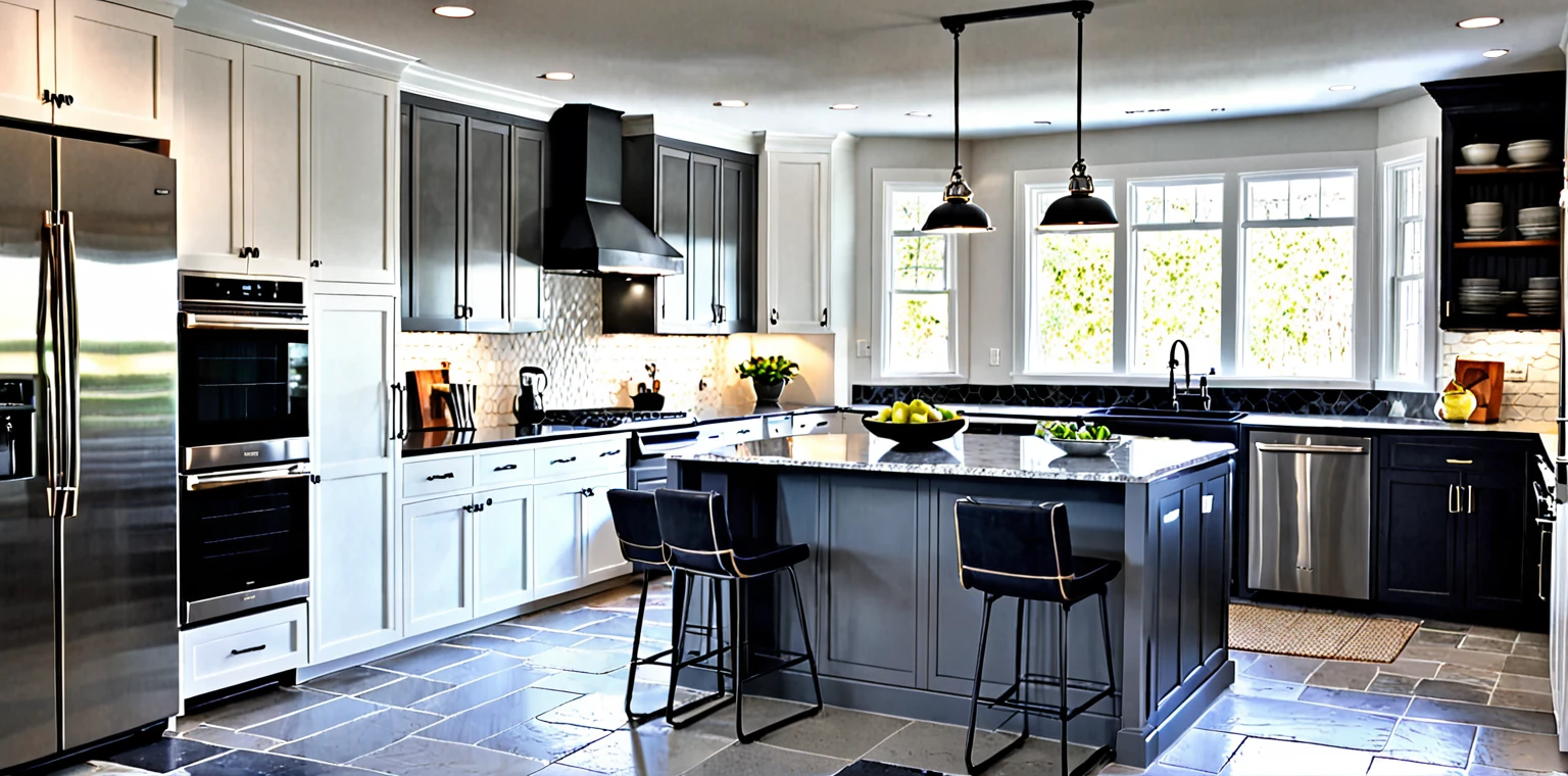 White walls, gray lower kitchen cabinets, white upper kitchen cabinets, black stone countertops, granite floors. pendant lights, refrigerator, oven, gas stove, sink