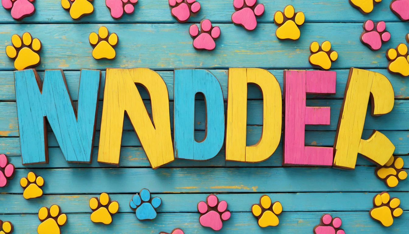 Here's a focused prompt for just the sign:
A bright, cheerful wooden sign with 'WONDERFUL WANDA' written in large, bold, colorful letters. The text should be clear and easily readable. Cute cartoon-style dog paw prints are scattered around the edges of the sign. Use vibrant colors like yellow, light blue, and pink. The sign should appear welcoming and fun, perfect for a dog cafe.
